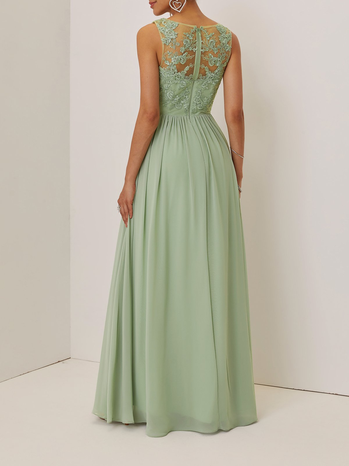 Light Green Lace Ruched Chiffon V Neck Sleeveless A-Line Maxi Mother of the Bride or Groom Dress