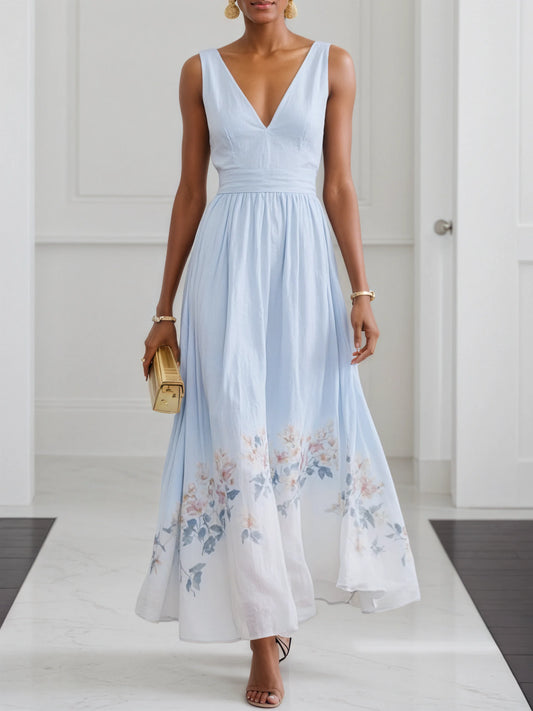 Light Blue Floral V Neck Sleeveless A-Line Maxi Dress