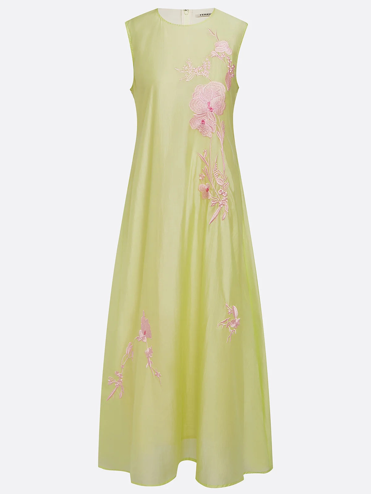 Yellow Embroidery Classic Lyocell Crew Neck Sleeveless A-Line Maxi Dress
