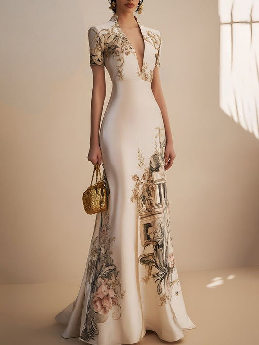 Beige Floral Satin Deep V Neck Short Sleeve Mermaid Maxi Dress