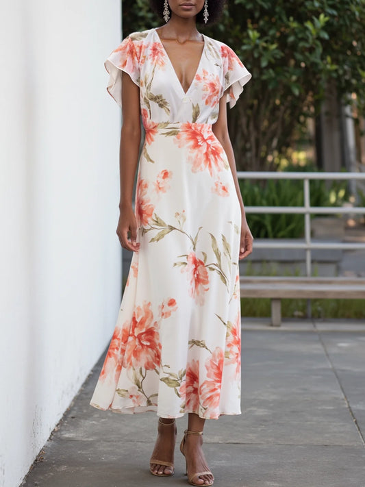 Orange Red Chiffon V Neck Short Sleeve Bell Sleeve A-Line Midi Dress
