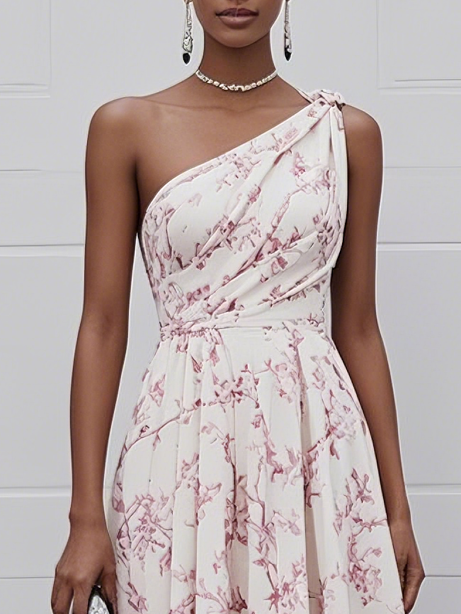 Pink One Shoulder Floral Sleeveless A-Line Midi Dress