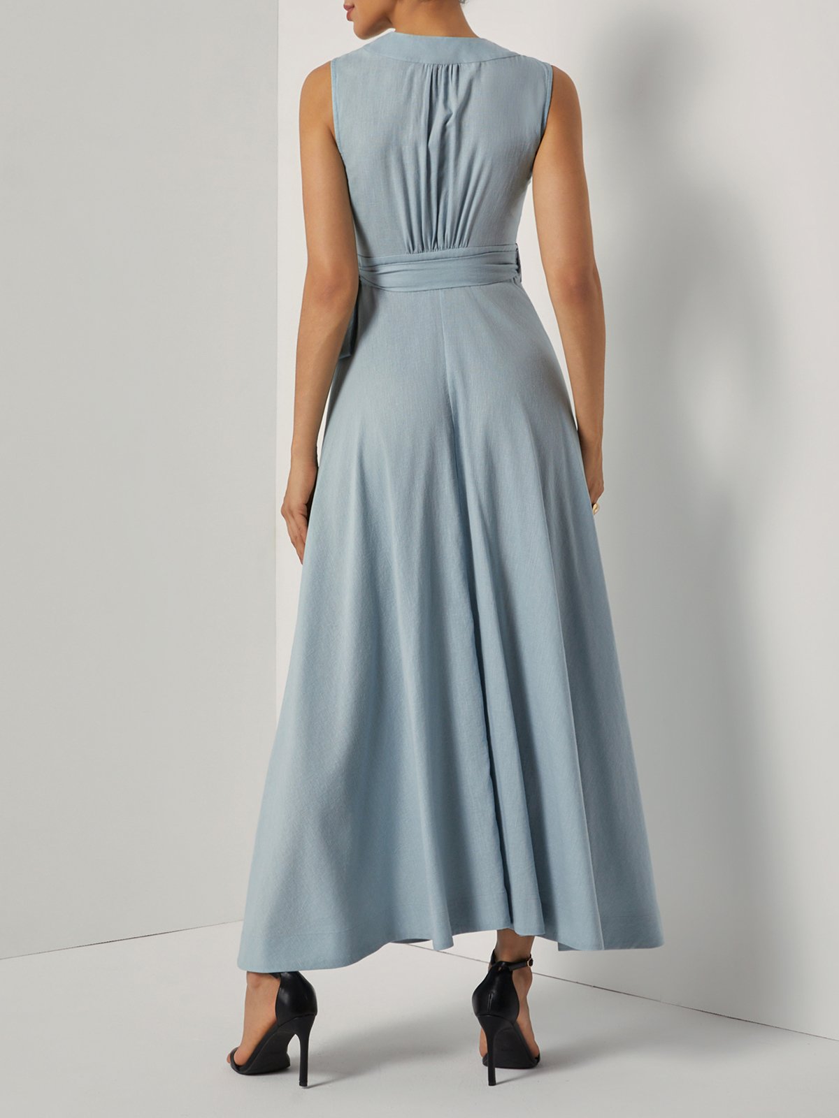 Light Blue Bow Lyocell Linen Wrap V Neck Sleeveless A-Line Maxi Dress