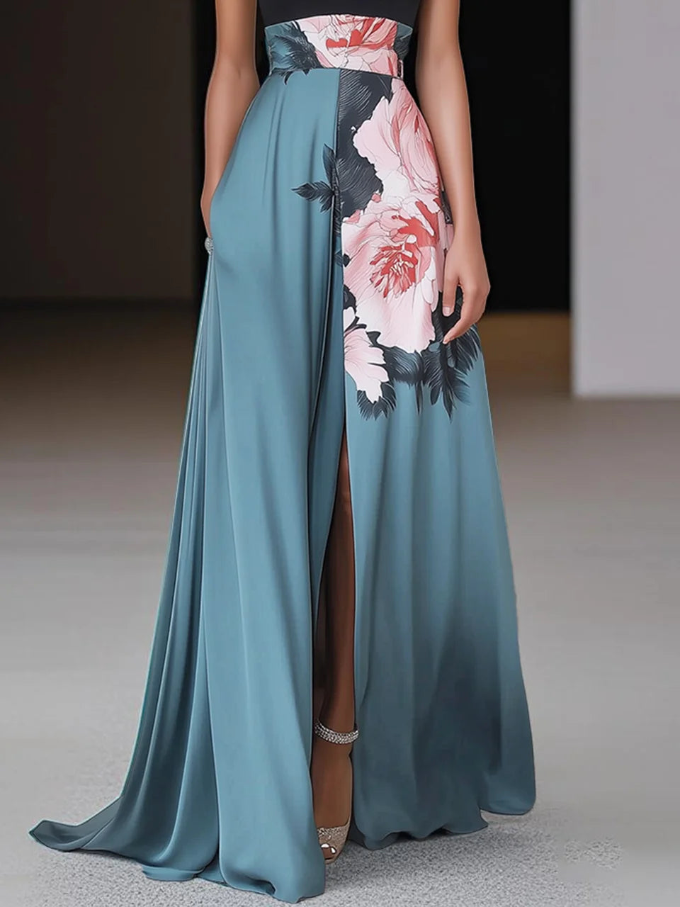 Black Slit Floral Satin Halter Sleeveless A-Line Maxi Dress