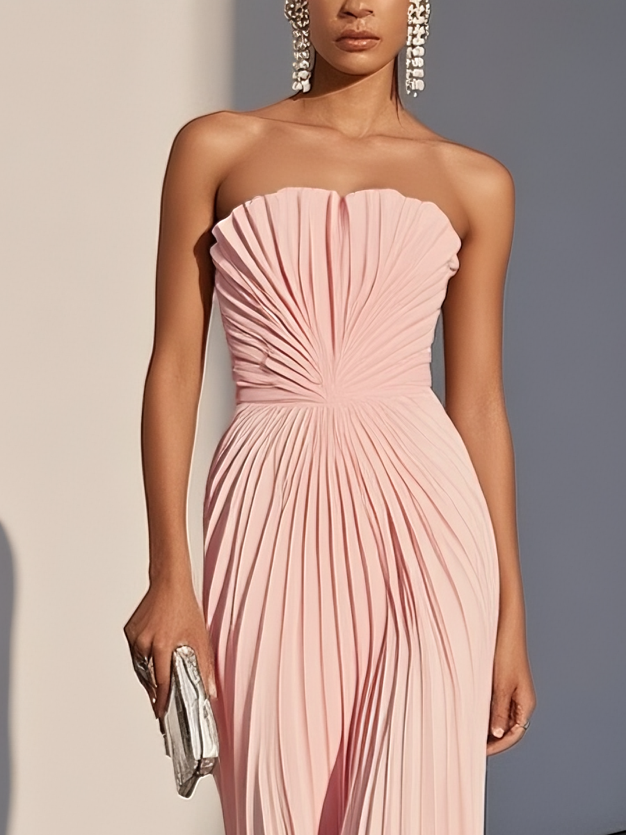Pink Pleated Classic Strapless Sleeveless A-Line Maxi Dress