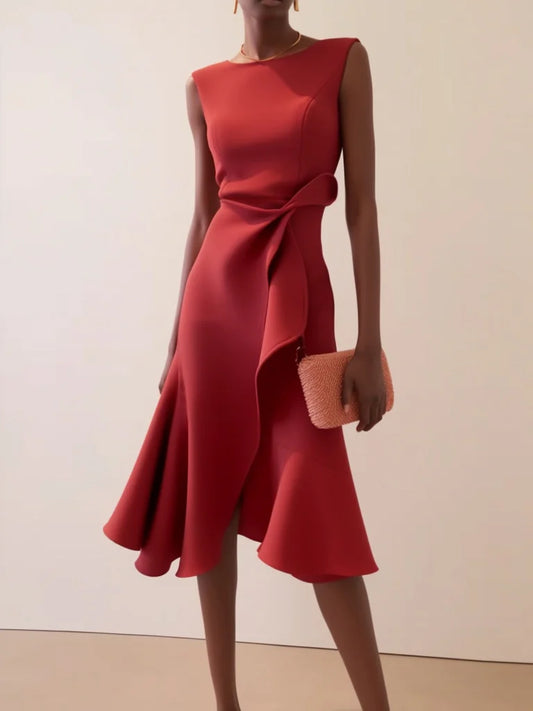 Red Asymmetric Ruffled Classic Boat Neck Sleeveless Midi Elegant A-line Dress with Waist Twist for Day-to-Night