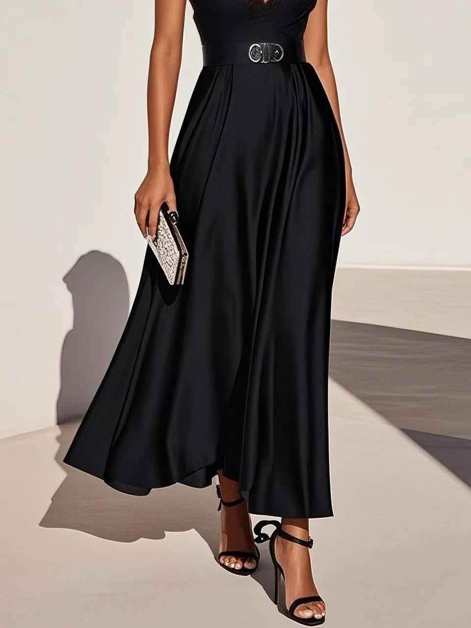 Black Lace Satin V Neck Short Sleeve A-Line Midi Dress