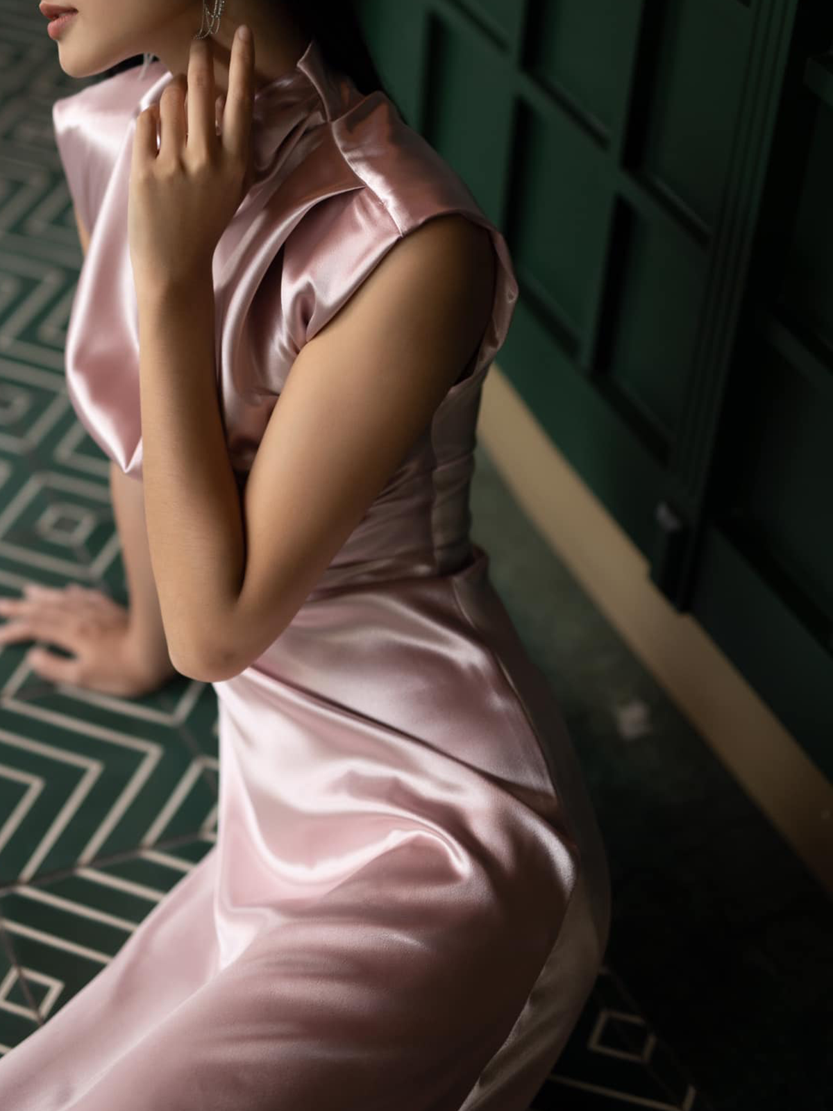 Pink High Neck Satin Sleeveless A-Line Midi Dress