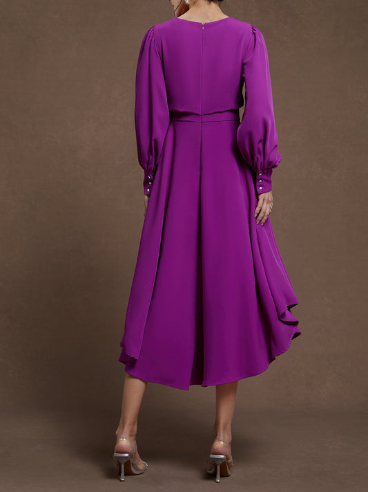 Rose Red Asymmetric Boat Neck Long Balloon Sleeve A-Line Midi Dress