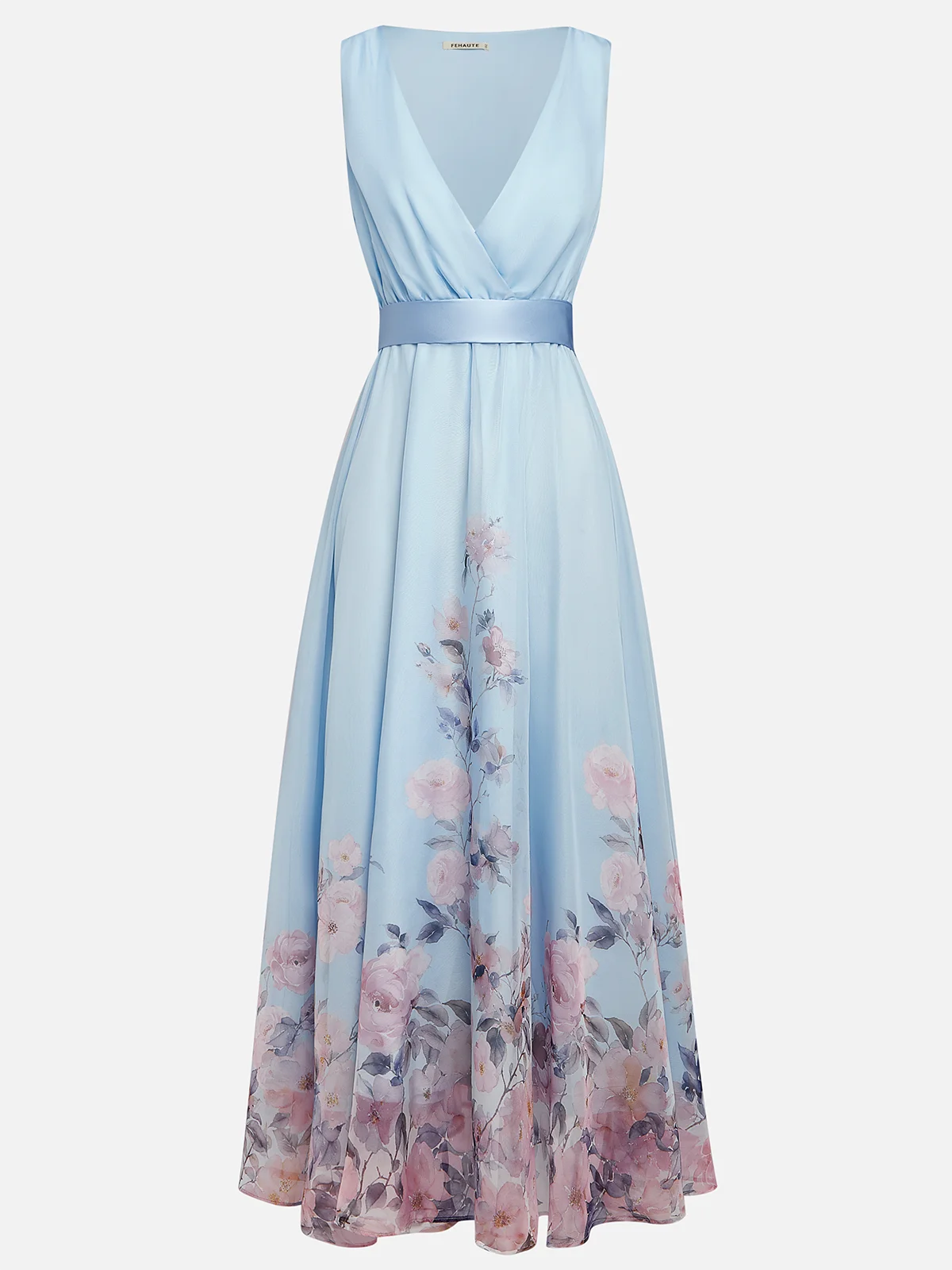 Light Blue Floral Chiffon V Neck Sleeveless A-Line Maxi Dress