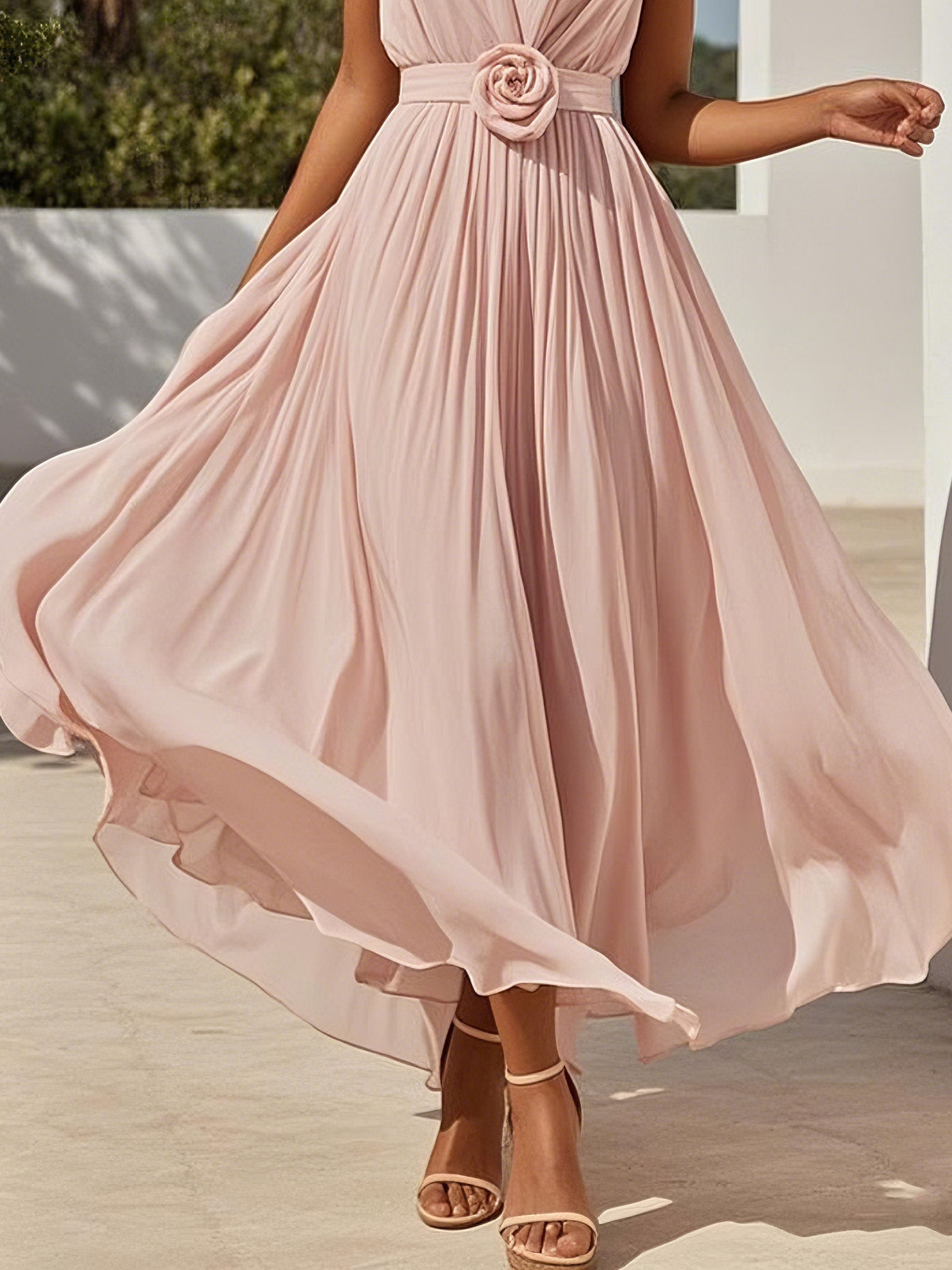 Pink 3D Floral Pleated Chiffon V Neck Sleeveless A-Line Maxi Dress