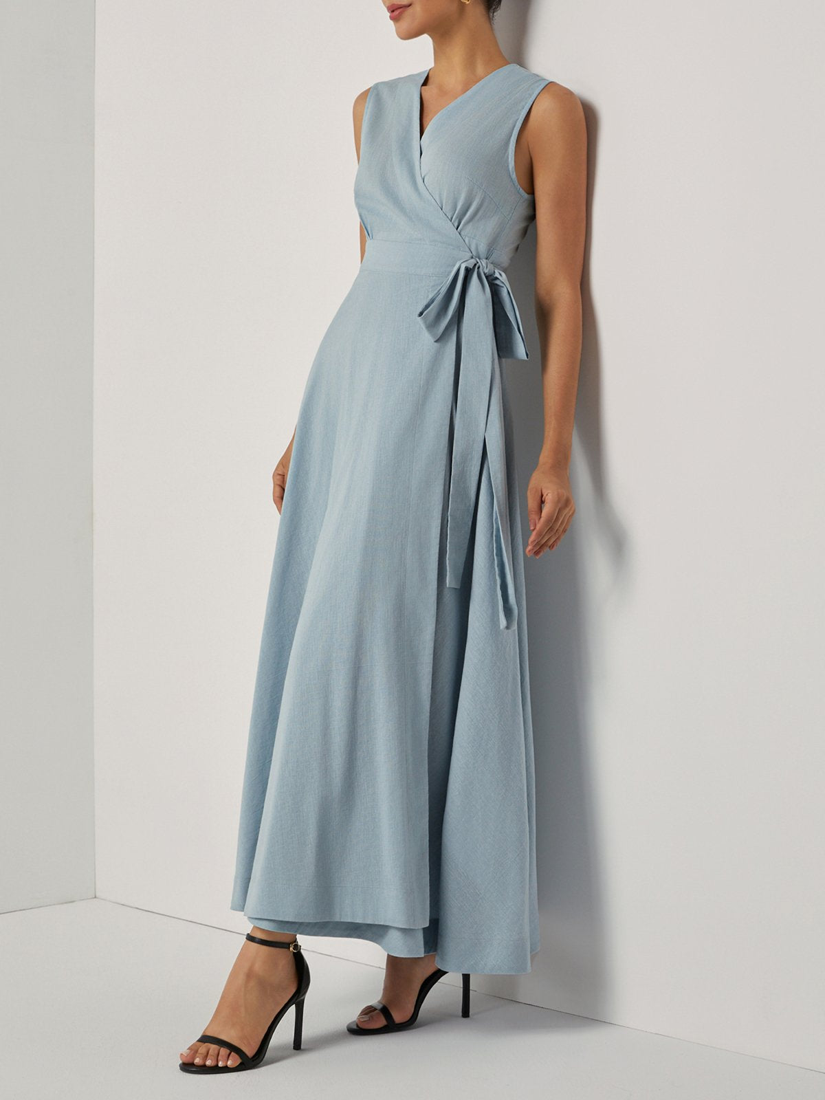 Light Blue Bow Lyocell Linen Wrap V Neck Sleeveless A-Line Maxi Dress