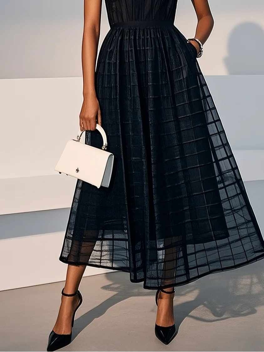 Black Organza Mesh Plaid Classic Crew Neck Sleeveless A-Line Midi Dress