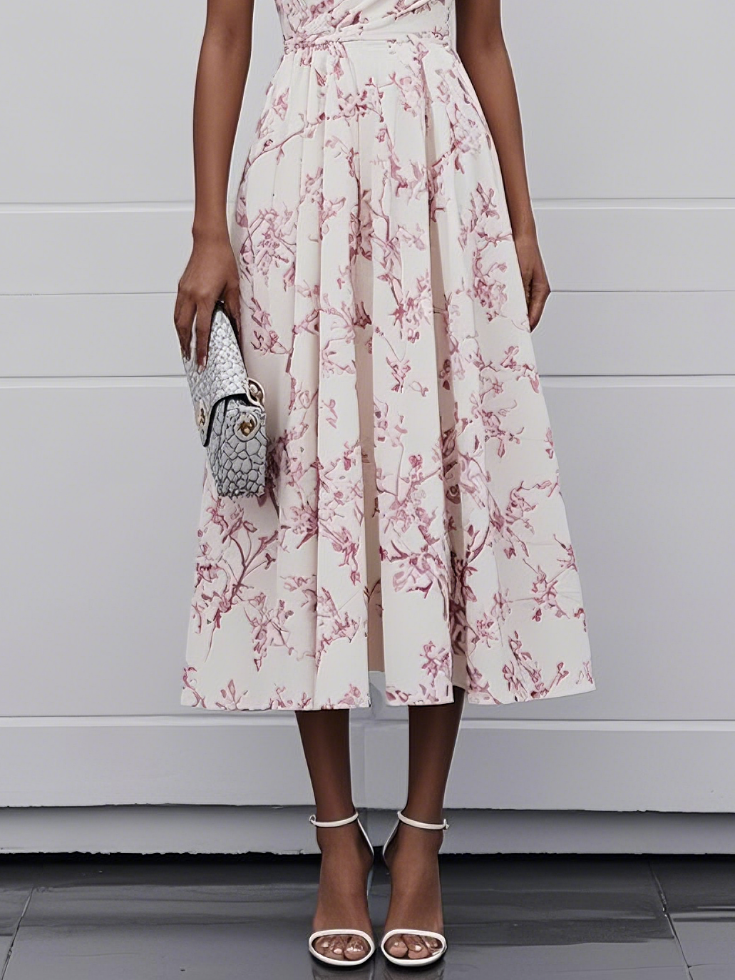 Pink One Shoulder Floral Sleeveless A-Line Midi Dress