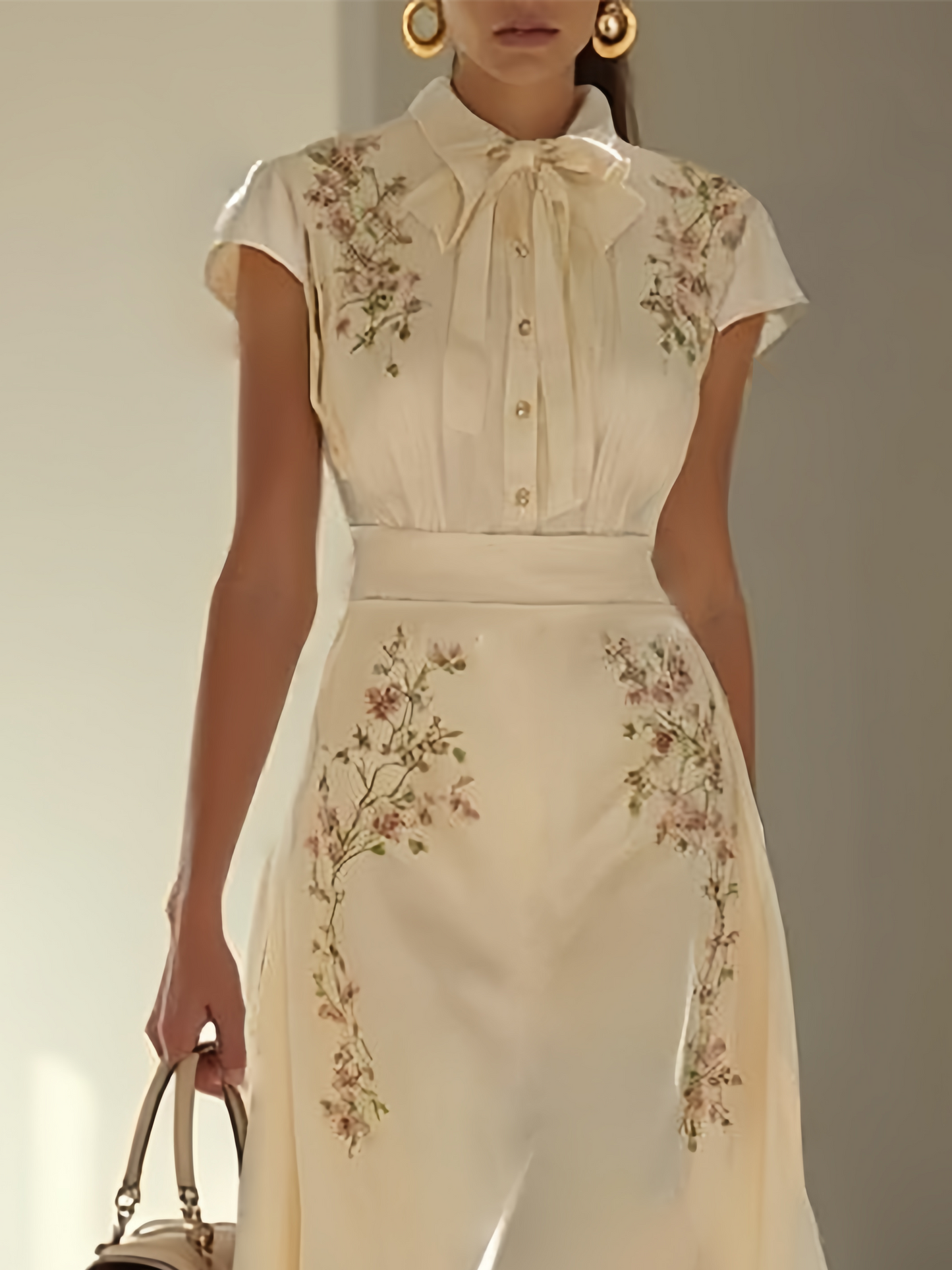 Apricot Embroidery Floral Classic Bow Collar Cap Sleeve A-Line Midi Dress