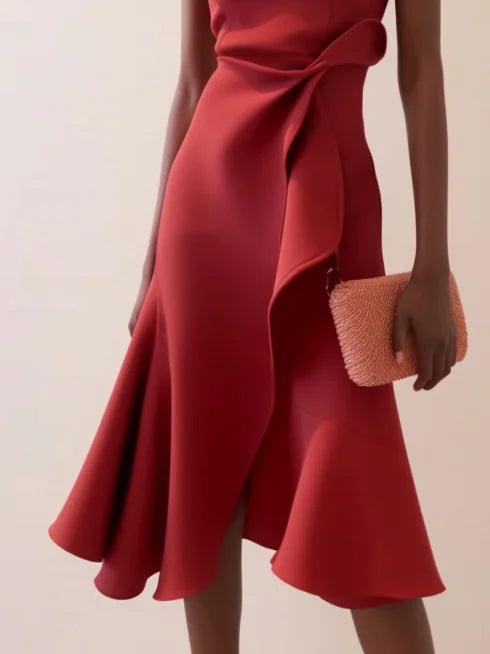 Red Asymmetric Ruffled Classic Boat Neck Sleeveless Midi Elegant A-line Dress with Waist Twist for Day-to-Night