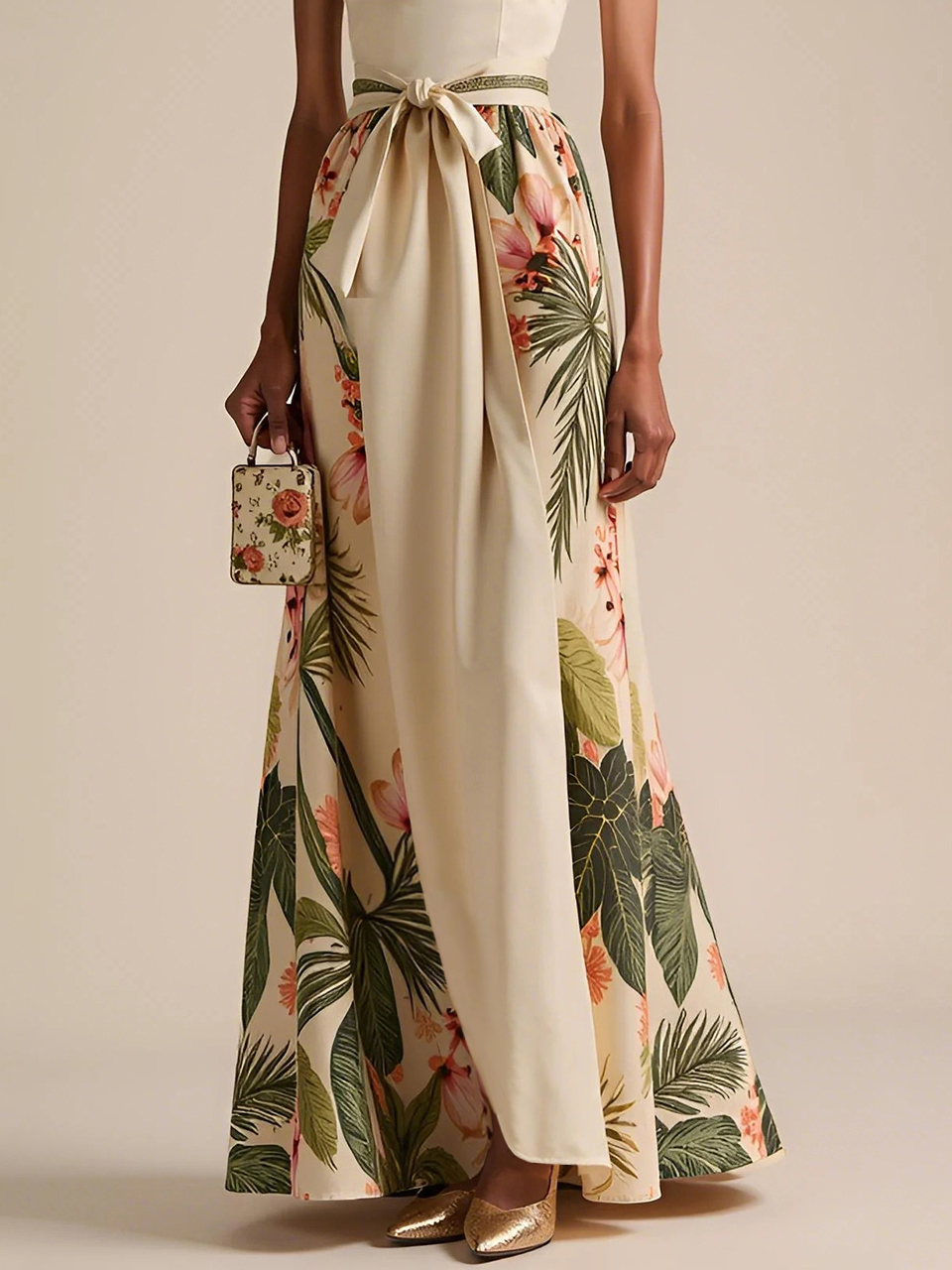 Beige Bow Satin Halter Floral Sleeveless A-Line Maxi Dress