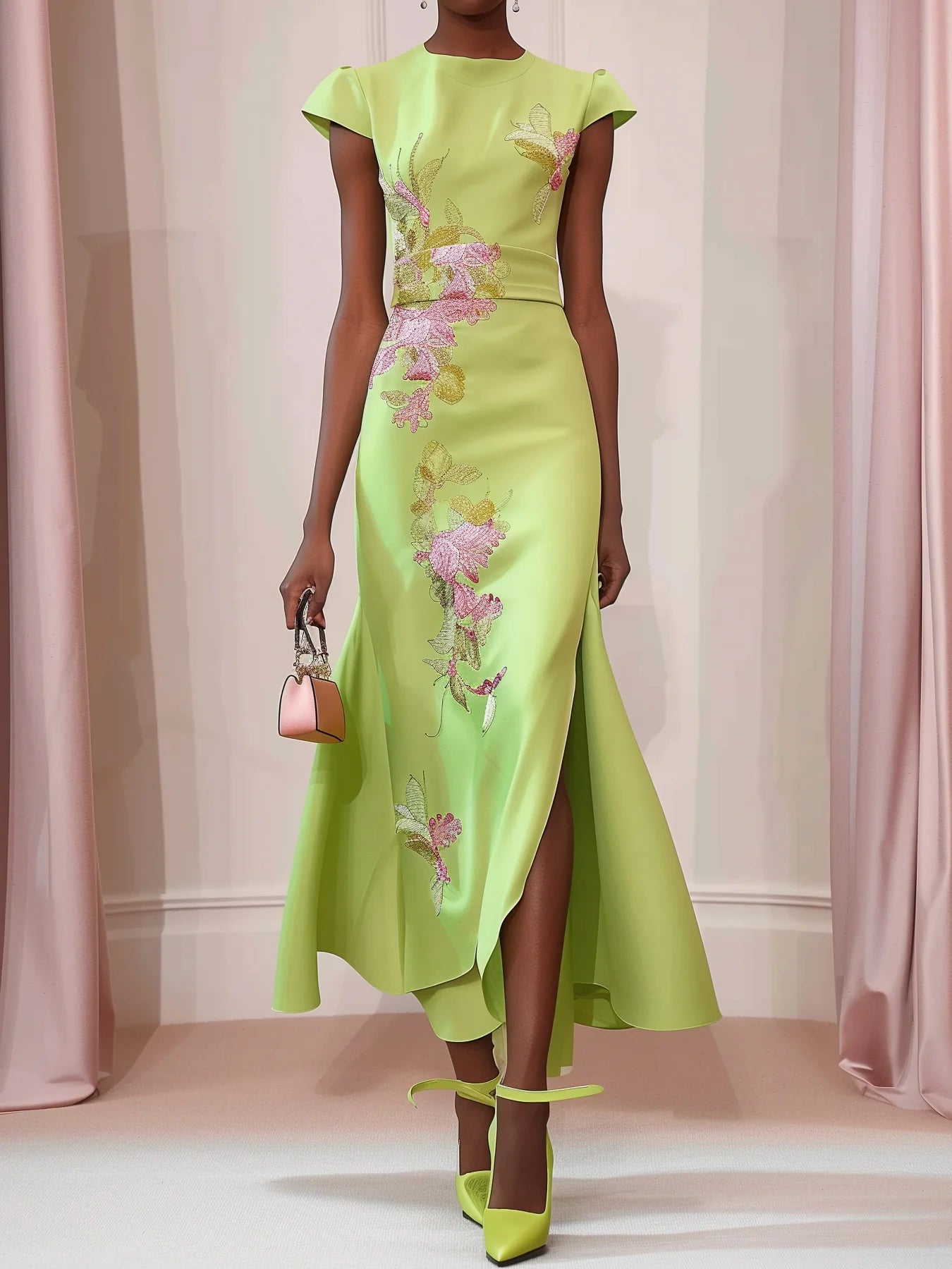 Green Satin Floral Embroidered Cap Sleeve Slit Sheath Maxi Dress