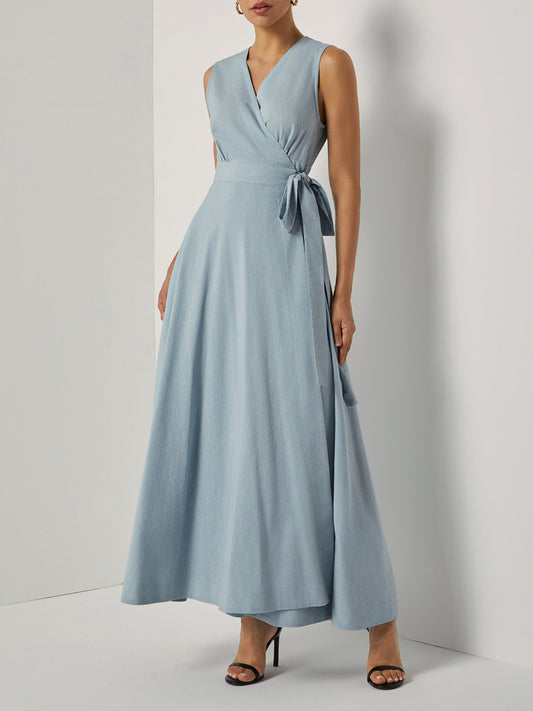 Light Blue Bow Lyocell Linen Wrap V Neck Sleeveless A-Line Maxi Dress