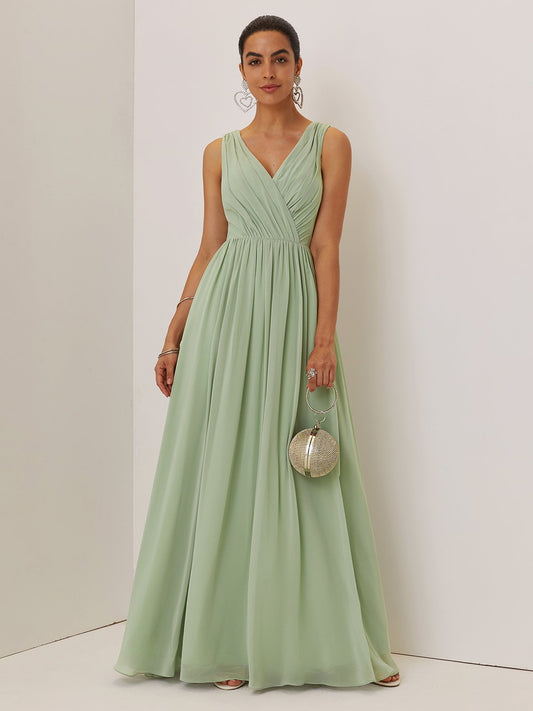 Light Green Lace Ruched Chiffon V Neck Sleeveless A-Line Maxi Mother of the Bride or Groom Dress