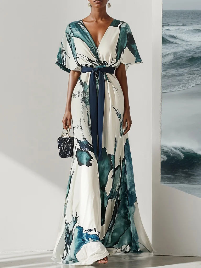 Blue Printing Chiffon V Neck Short Sleeve A-Line Maxi Dress With Belt