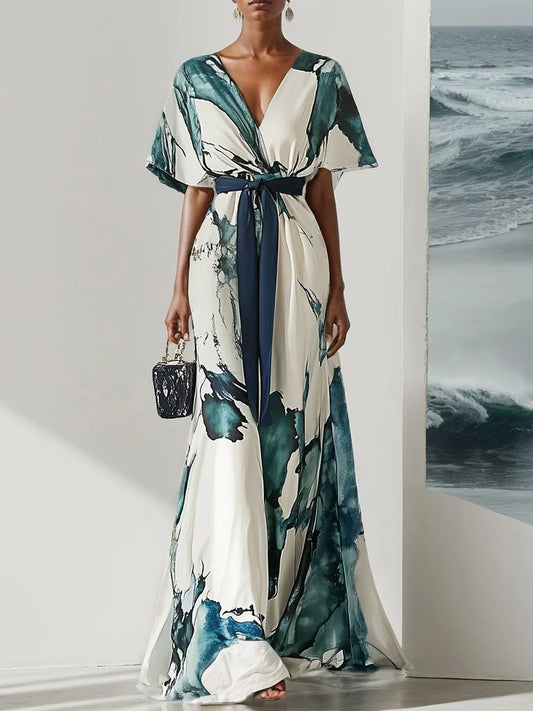 Blue Printing Chiffon V Neck Short Sleeve A-Line Maxi Dress With Belt