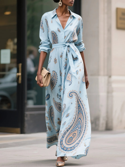 Light Blue Floral Paisley Cotton Shirt Dress Shirt Collar Long Sleeve A-Line Maxi Dress