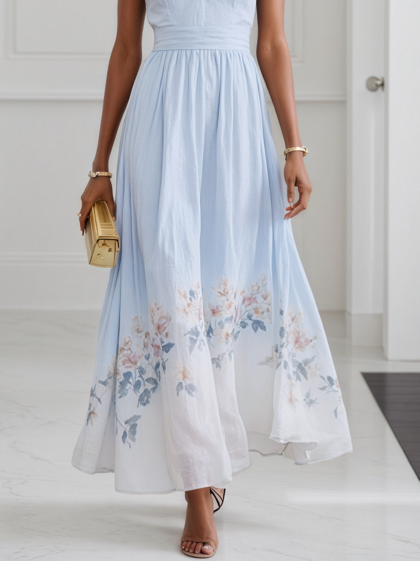 Light Blue Floral V Neck Sleeveless A-Line Maxi Dress