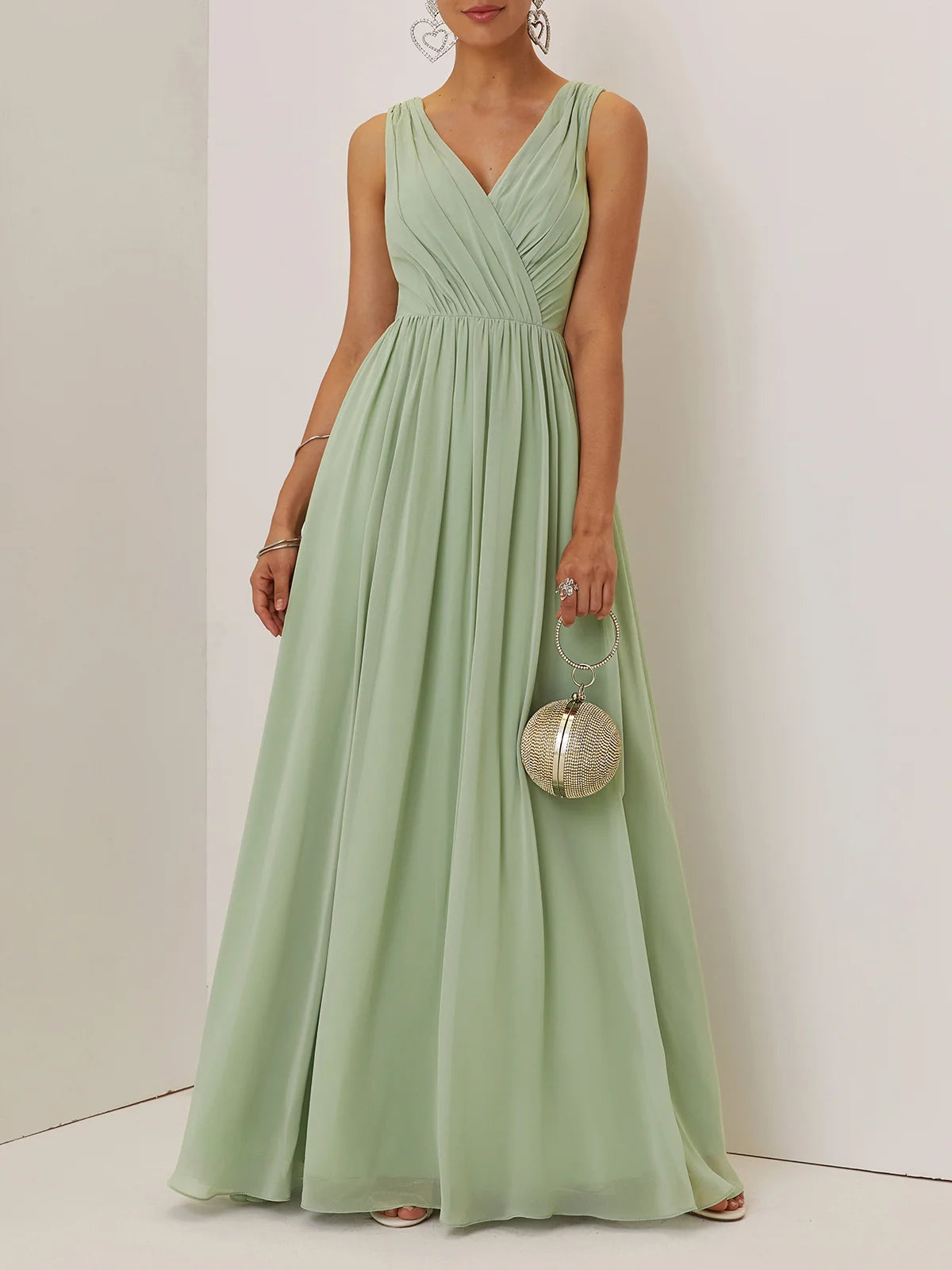 Light Green Lace Ruched Chiffon V Neck Sleeveless A-Line Maxi Mother of the Bride or Groom Dress