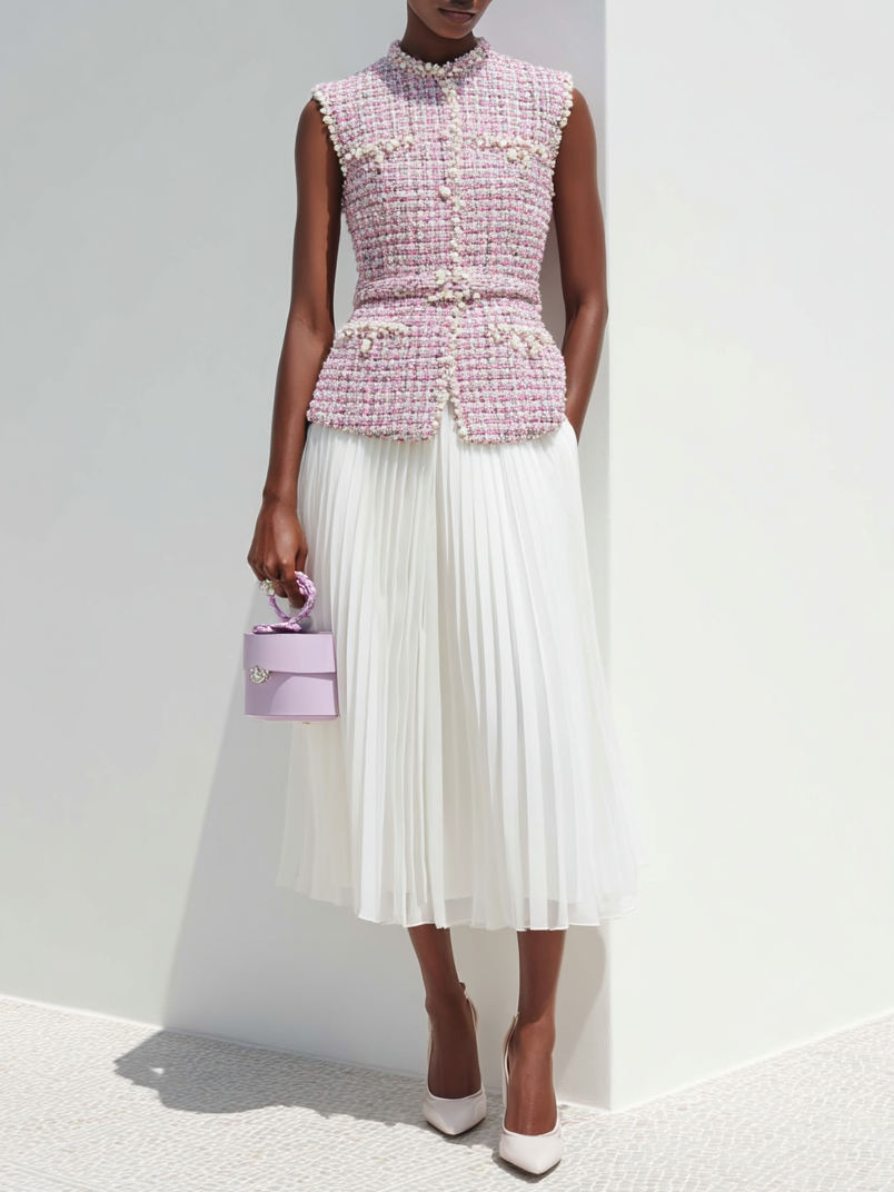 Women Pink Tweed Buckle Stitching Lace Crew Neck Sleeveless Dressy Coat With Skirt Two-Piece Set