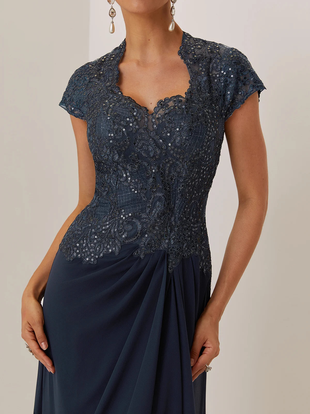 Purplish blue Sequin Lace Chiffon Dress Sweetheart Neckline Short Sleeve A-Line Maxi Mother of the Bride or Groom Dress