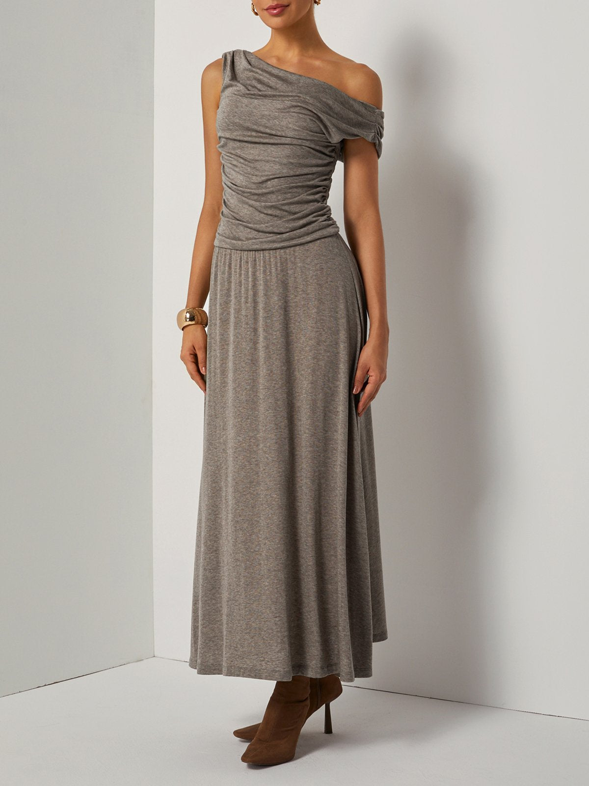Khaki Lyocell Wool Ruched Knit Off The Shoulder Sleeveless A-Line Maxi Dress