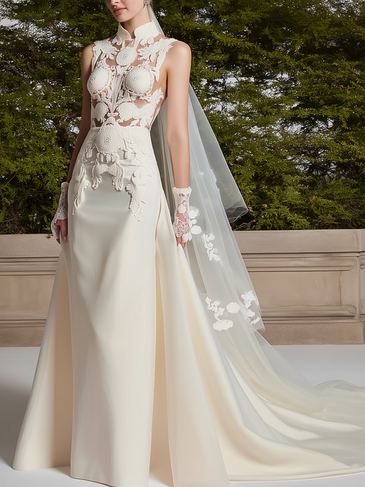 White Lace Hollow Out Bridal/Wedding Dress Stand Collar Sleeveless Sheath Gown Dress