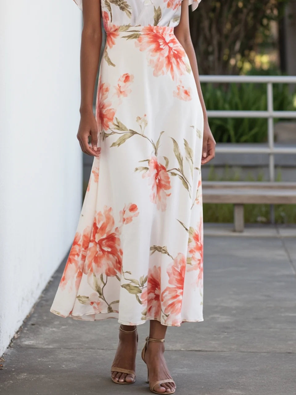 Orange Red Chiffon V Neck Short Sleeve Bell Sleeve A-Line Midi Dress