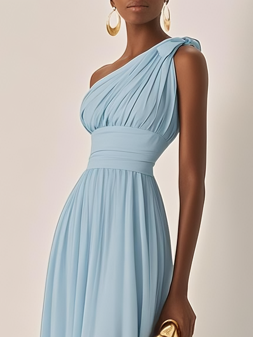 Light Blue Ruched Chiffon One Shoulder Sleeveless A-Line Maxi Dress