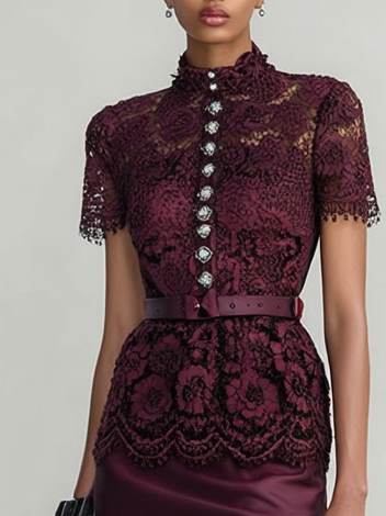 Wine Red Buckle Lace Classic Mock Neck Short Sleeve Mermaid Maxi Dress