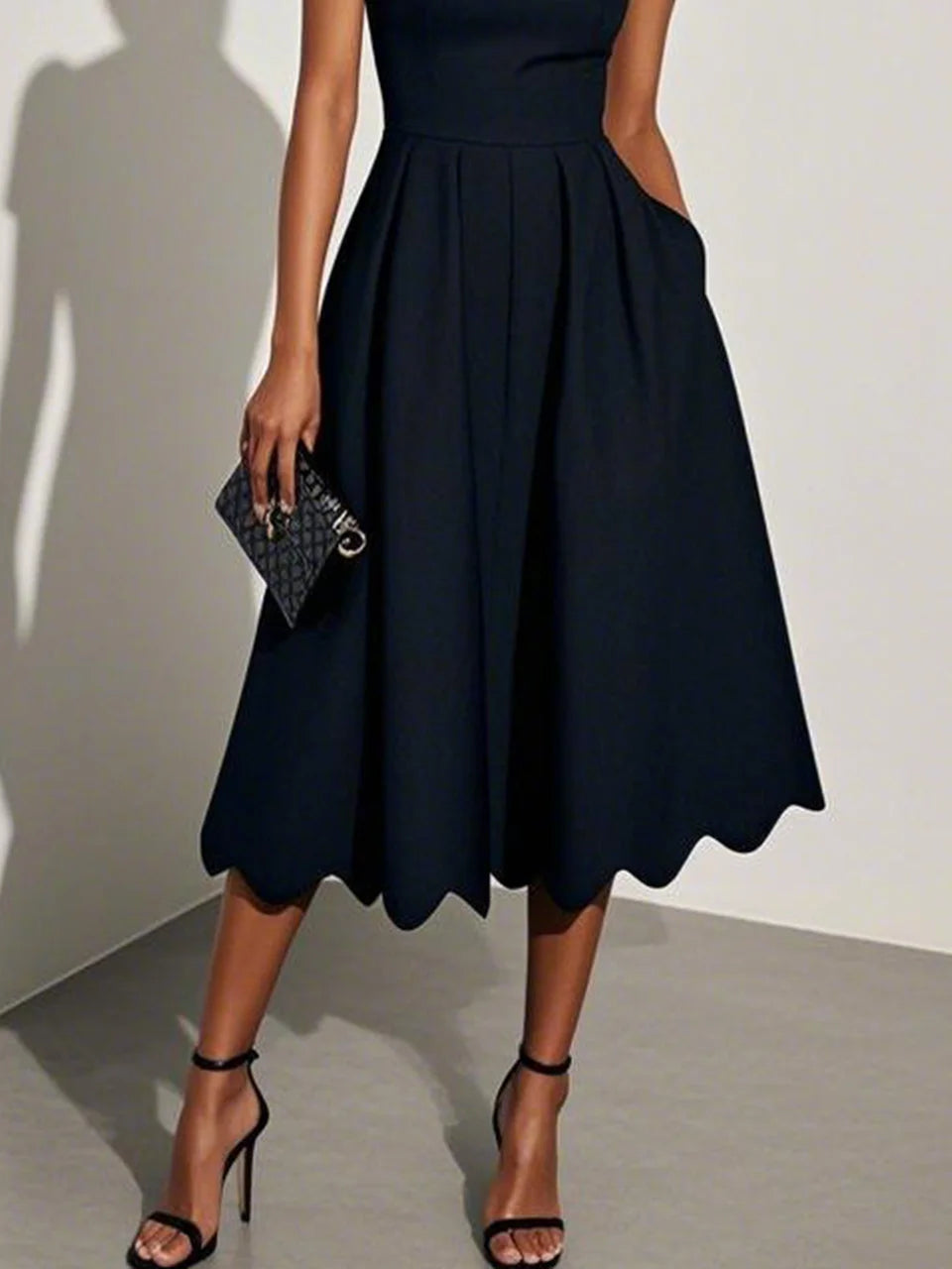 Black Asymmetric Classic Scalloped Square Neck Short Sleeve A-Line Midi Dress