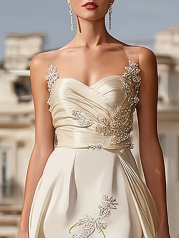 White Lace Embroidery Bridal/Wedding Dress Spaghetti Sleeveless A-Line Gown Dress