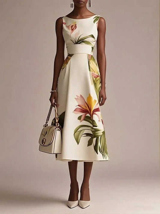 Beige Floral Boat Neck Sleeveless A-Line Midi Dress