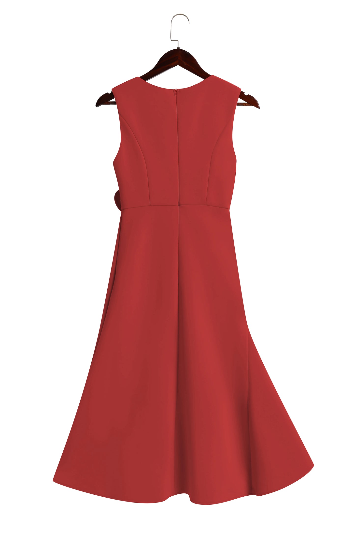 Red Asymmetric Ruffled Classic Boat Neck Sleeveless Midi Elegant A-line Dress with Waist Twist for Day-to-Night