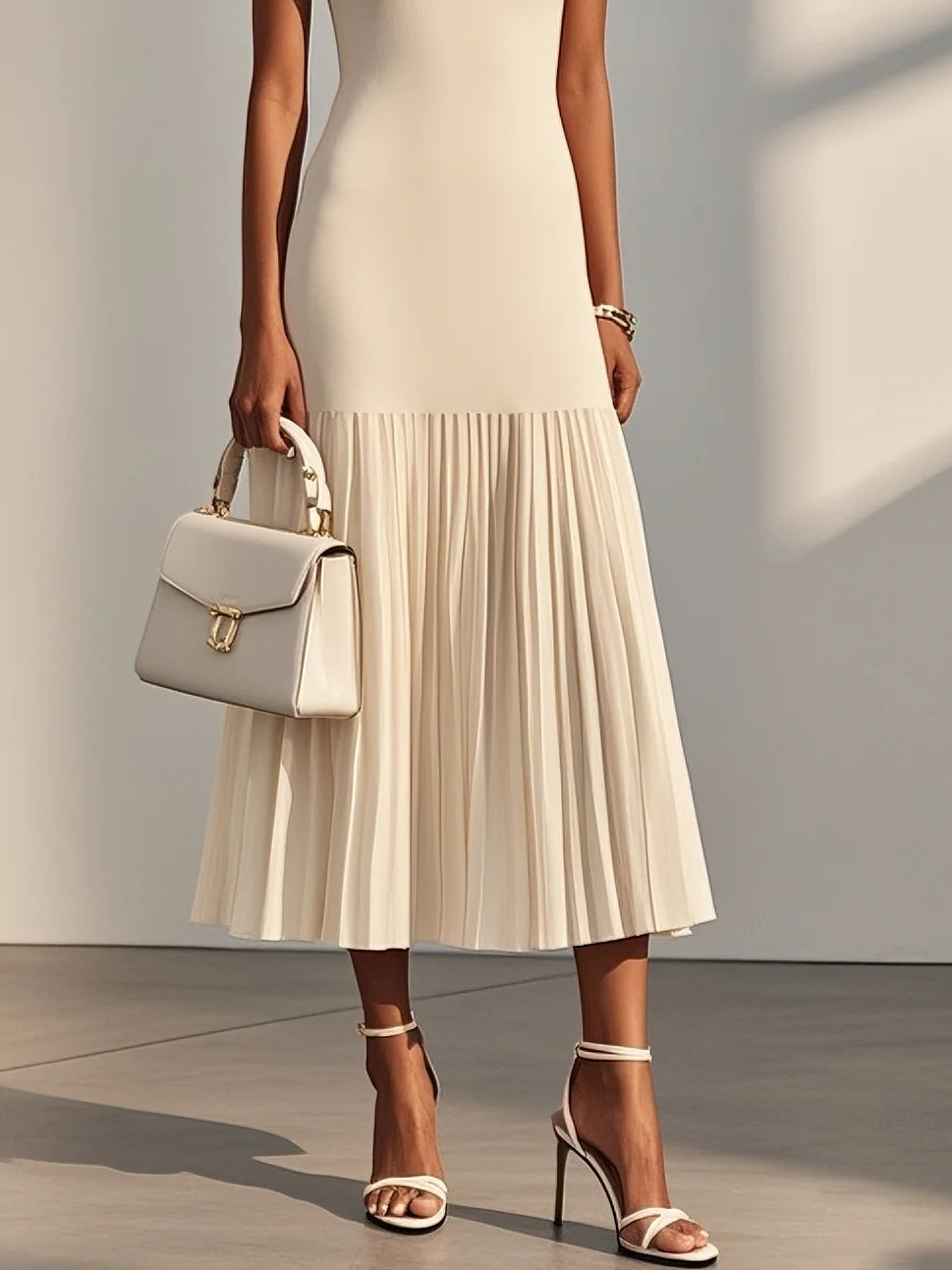 Beige Pleated Knit Crew Neck Sleeveless A-Line Midi Jersey Dress