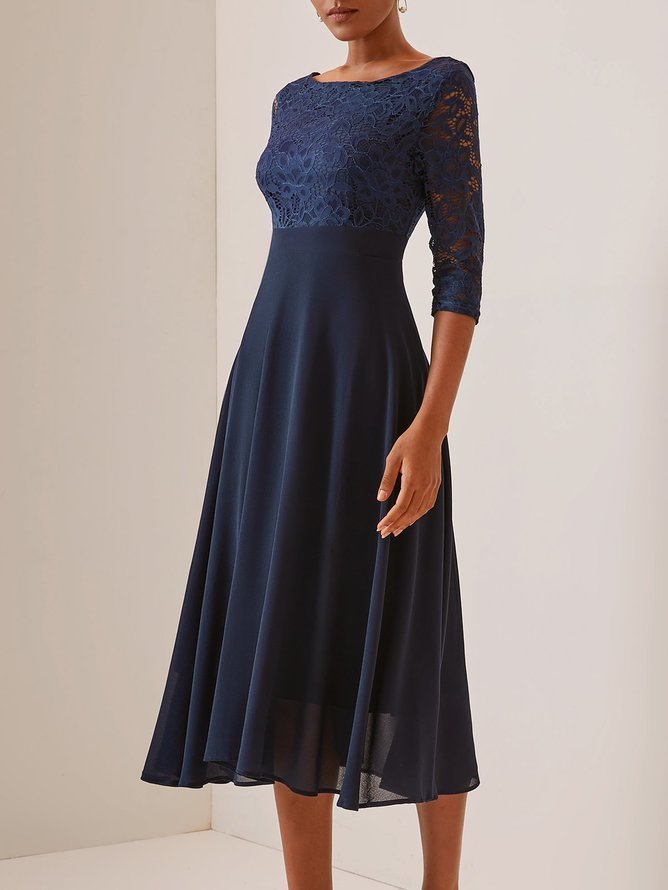 Purplish blue Lace Chiffon Crew Neck Half Sleeve A-Line Midi Mother of the Bride or Groom Dress
