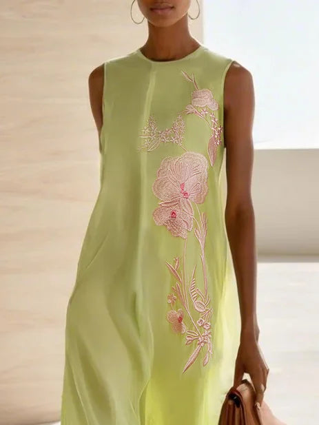 Yellow Embroidery Classic Lyocell Crew Neck Sleeveless A-Line Maxi Dress