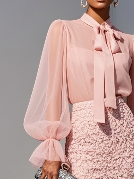Women Pink Lace Bow Crew Neck Long Sleeve Bell Sleeve Dressy Top With Skirt Two-Piece Set