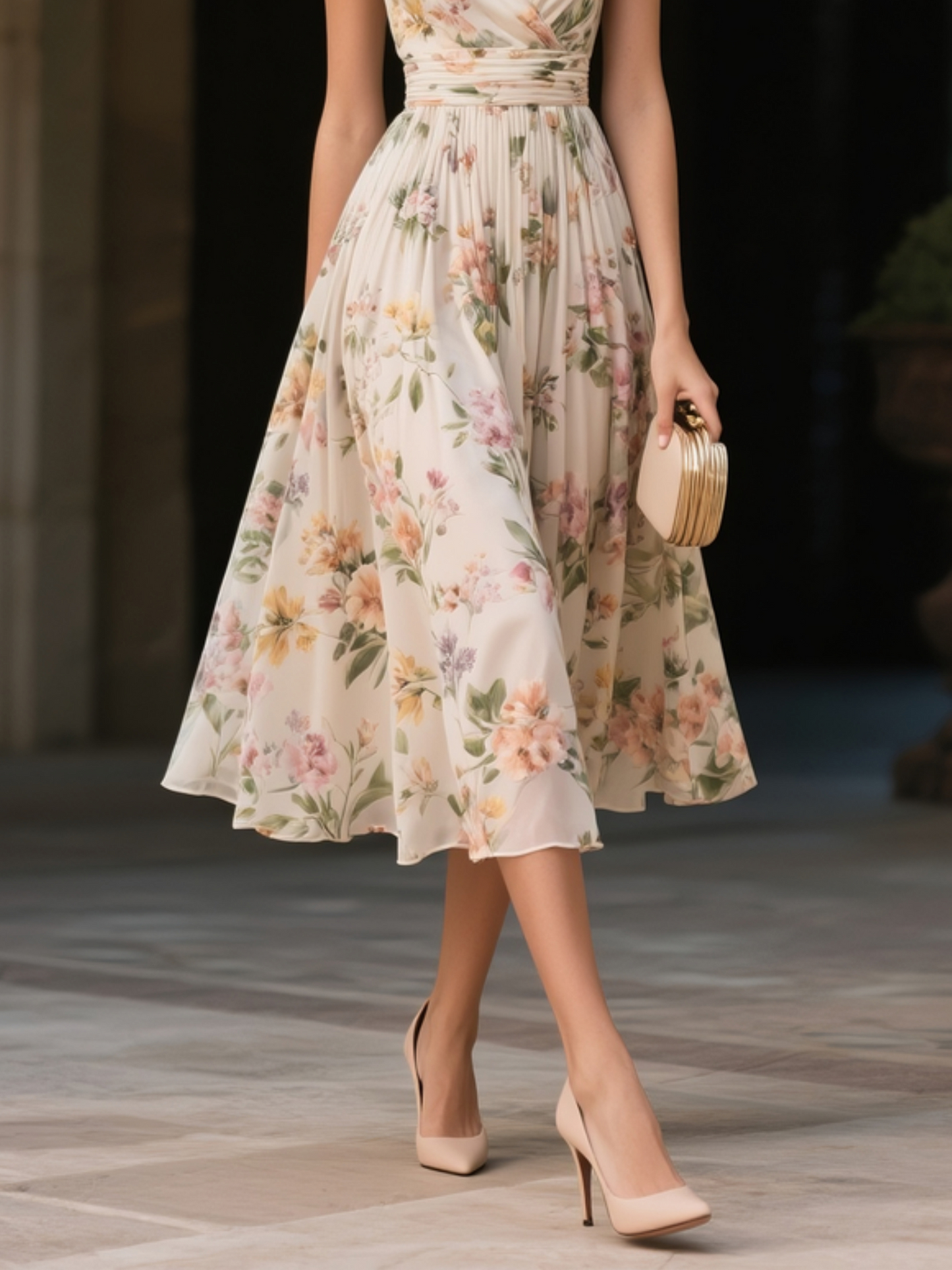 Beige Ruched Floral Chiffon V Neck Sleeveless A-Line Midi Dress