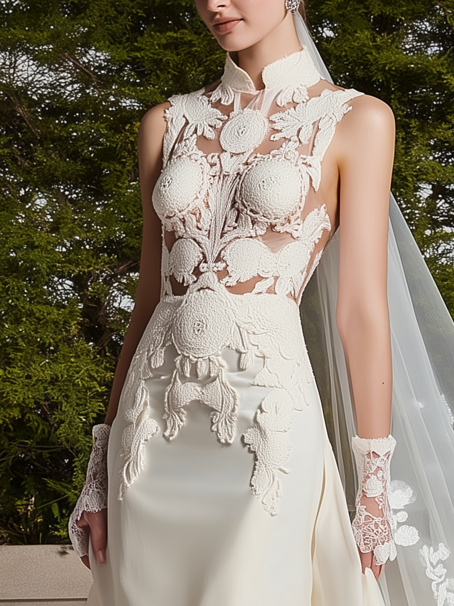 White Lace Hollow Out Bridal/Wedding Dress Stand Collar Sleeveless Sheath Gown Dress