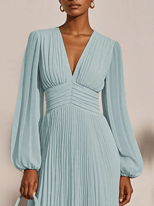 Light Blue Pleated Ruched Balloon Sleeve A-Line Midi Chiffon Dress