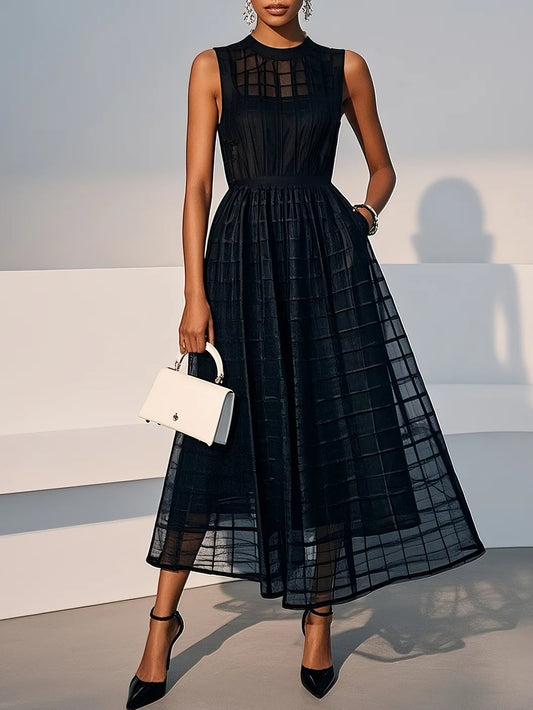 Black Organza Mesh Plaid Classic Crew Neck Sleeveless A-Line Midi Dress