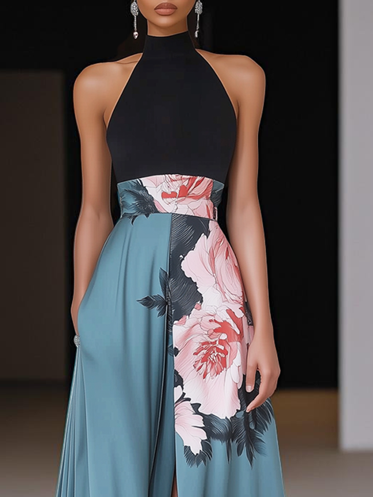 Black Slit Floral Satin Halter Sleeveless A-Line Maxi Dress