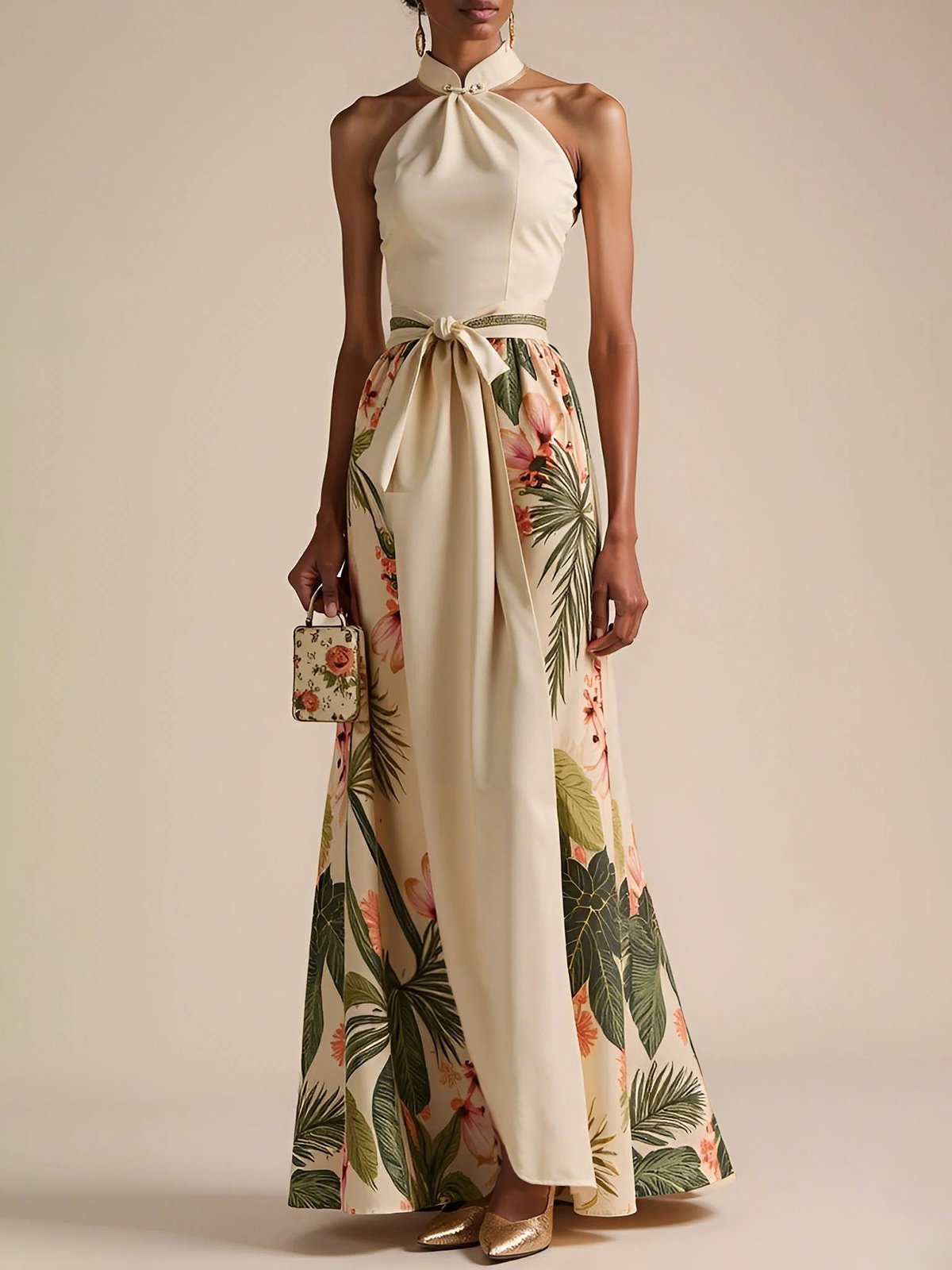 Beige Bow Satin Halter Floral Sleeveless A-Line Maxi Dress